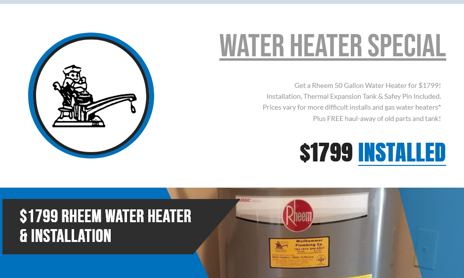 Get a Rheem 50 Gallon Water Heater for $1799!
Installation, Thermal Expansion Tank & Safey Pin Included!